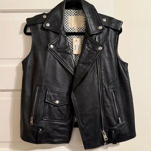 NWT Maje Black Leather Vest with Polka Dot Lining